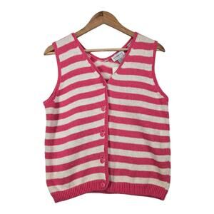 Sostanza Cardigan Sleeveless Vest sz L Pink White Stripe Knit Button Front